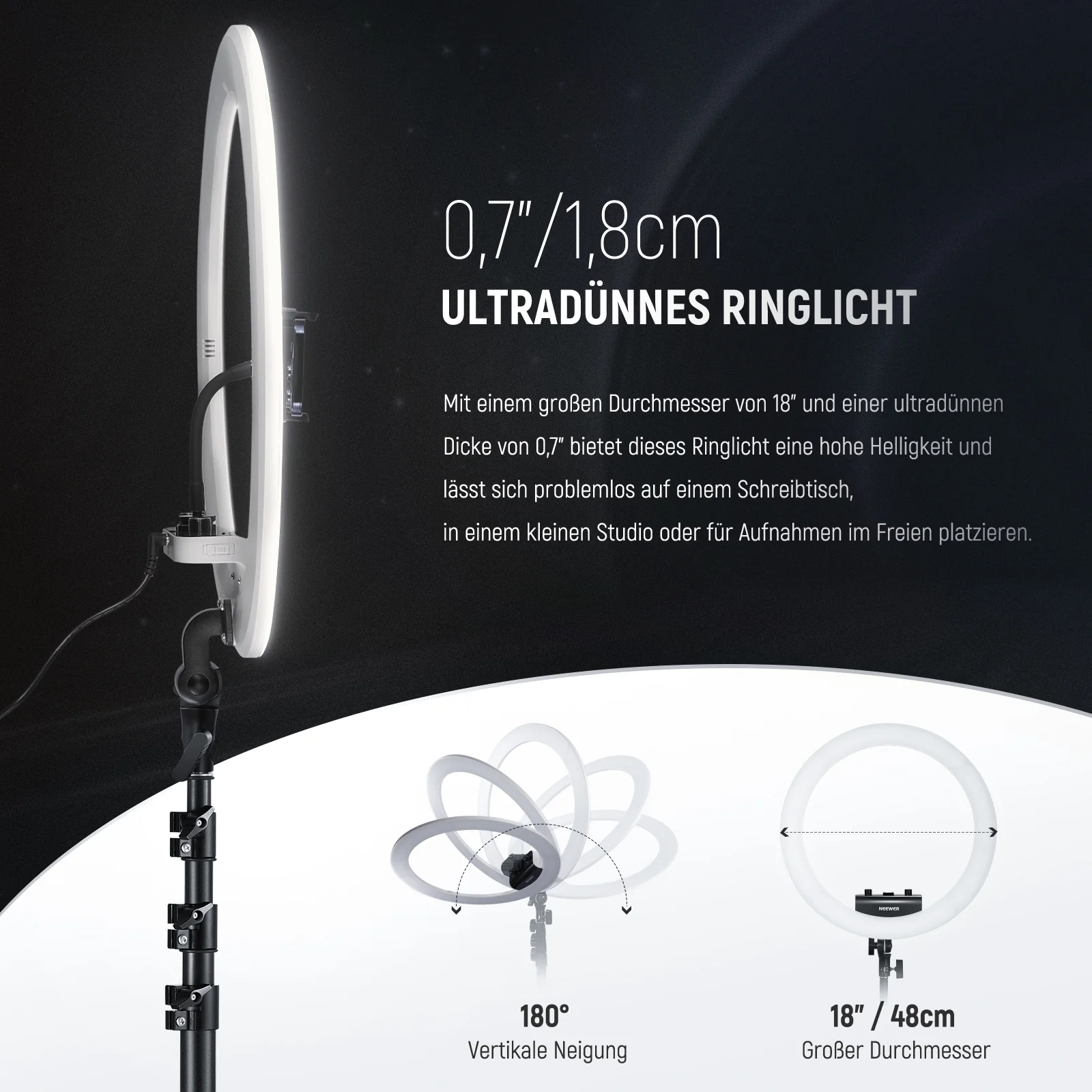 NEEWER RP18B Pro Ringlicht Set mit Ständer und Handyhalterung – Bild 3