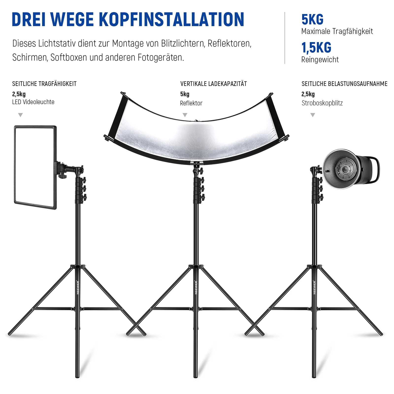 NEEWER ST-300AC 9,8ft/3m Luftgepolstertes Schwerlast Lampenstativ – Bild 5