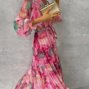 Elegantes Maxikleid mit Print und Plissiertem Rock