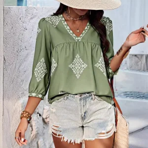 Boho-Chic Damenbluse mit V-Ausschnitt und Stickerei