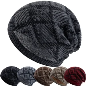 Unisex Winter Mütze – Farbblockierte Diamant-Strickmütze mit Plüschfellfutter | Warme Outdoor-Mütze für Damen & Herren