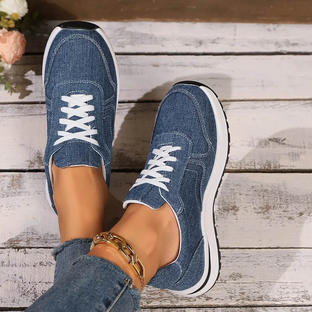 Blaue Damen Plateau-Sneaker – Modische Schnürschuhe mit Dicker Sohle | Bequeme Freizeit-Sneaker in Übergrößen bis 43 – Bild 6