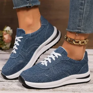 Blaue Damen Plateau-Sneaker – Modische Schnürschuhe mit Dicker Sohle | Bequeme Freizeit-Sneaker in Übergrößen bis 43