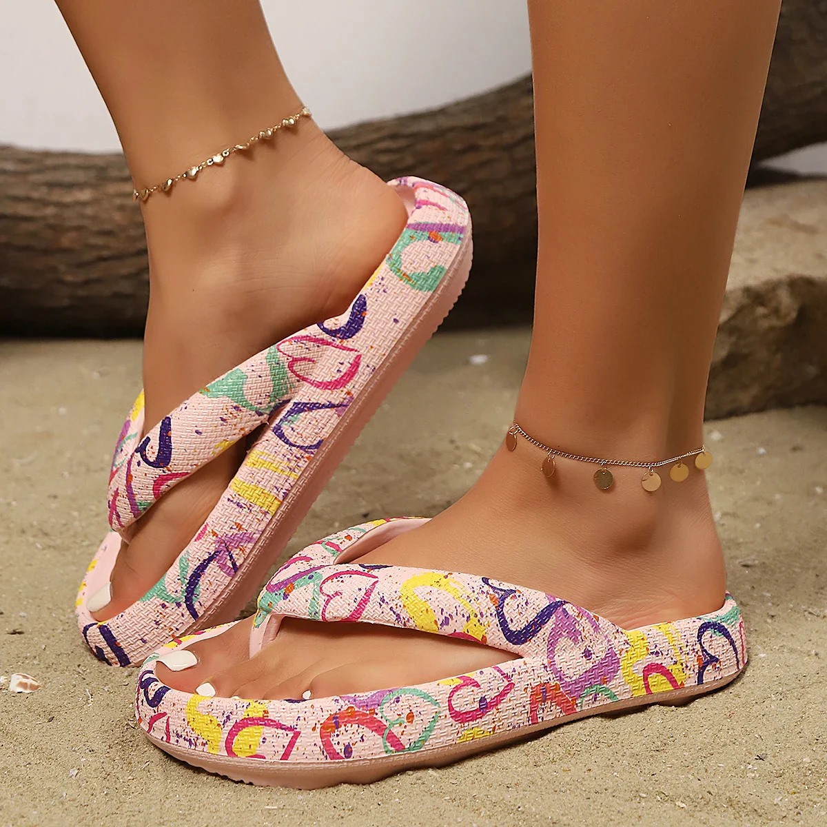 Damen Trendy Flip-Flops mit buntem Herz-Doodle | Sommer-Sandalen | Strand, Urlaub & Hausslipper